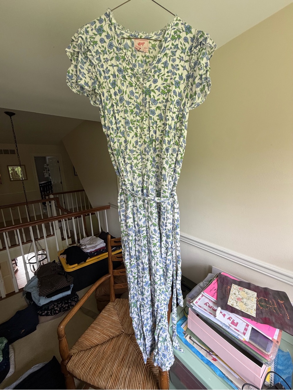 Banjanan White Floral Jumpsuit with Blue & Green Print